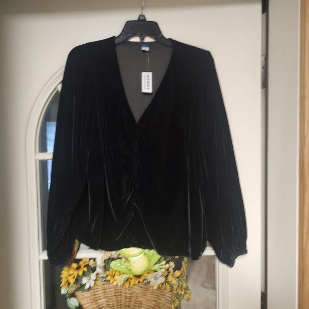 New Old Navy Black Velvet Long Balloon Sleeve V-Neck Top Size Women's L